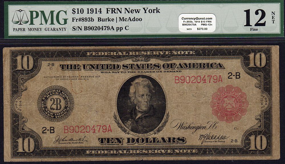 Fr.893b, 1914 $10 New York Red Seal FRN, B9020479A, Fine, PMG-12n